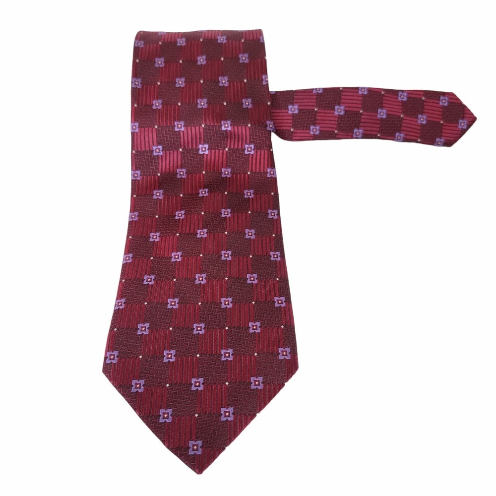 BELISI Gingham Floral Burgundy Silk Power‎ Tie Handmade Wide Patterned Jacquard